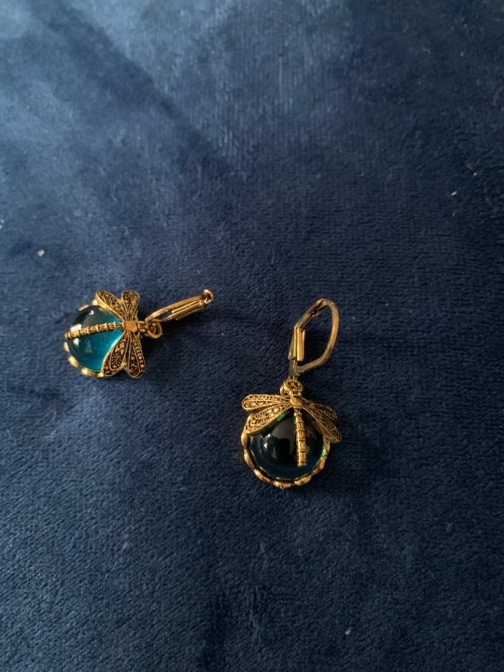 Gold Dragonfly Drop Earrings with Teal Glass Orbs